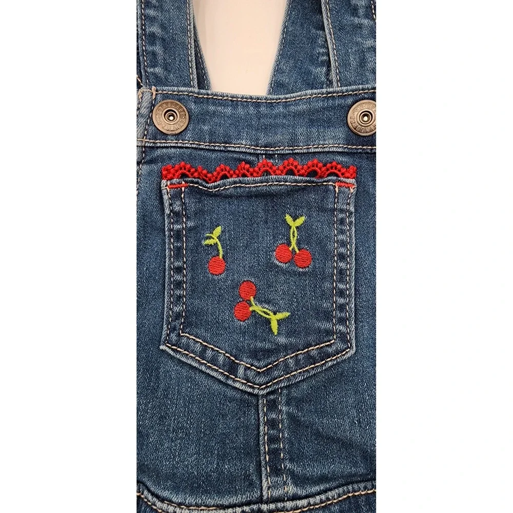 Gymboree Cherry Denim Ruffle Sleeve Overalls Shortalls 18-24‎ Months Kids EUC